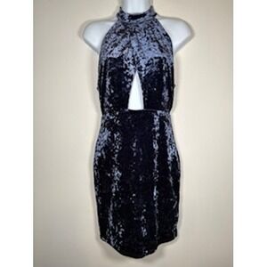 LUSH Crushed Velvet Mini Dress Small Blue Cutout Halter Mock Neck Bodycon Glam